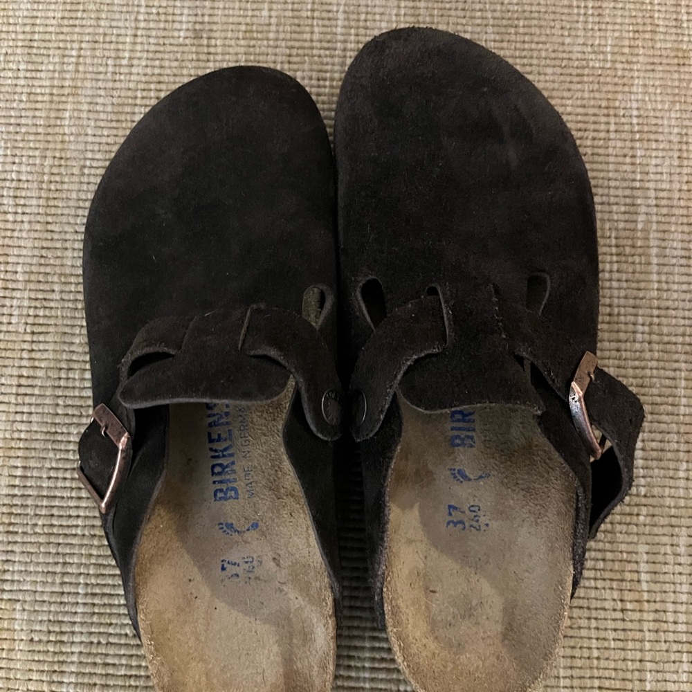 Birkenstock Boston Suede Clogs in Dark Brown with Copper Buckles